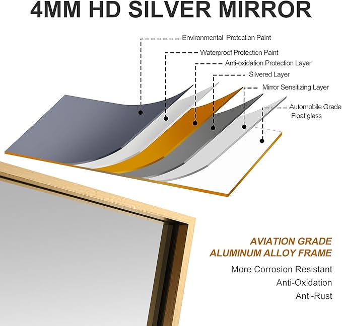 36x48 Inch Gold Bathroom Mirror, Copper-Free Aluminum Alloy Frame Vanity Mirror, Rectangle Wall Mounted Modern Mirror for Bedroom/Living Room/Porch Horizontal or Vertical