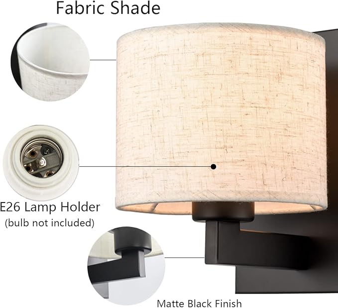 SAMTEEN Farmhouse Black Wall Sconces Set of Two Modern Fabric Shade Sconces Wall Lighting Black Wall Lamp with Drum Shade for Bedroom Bedside Living Room (Beige Shade)