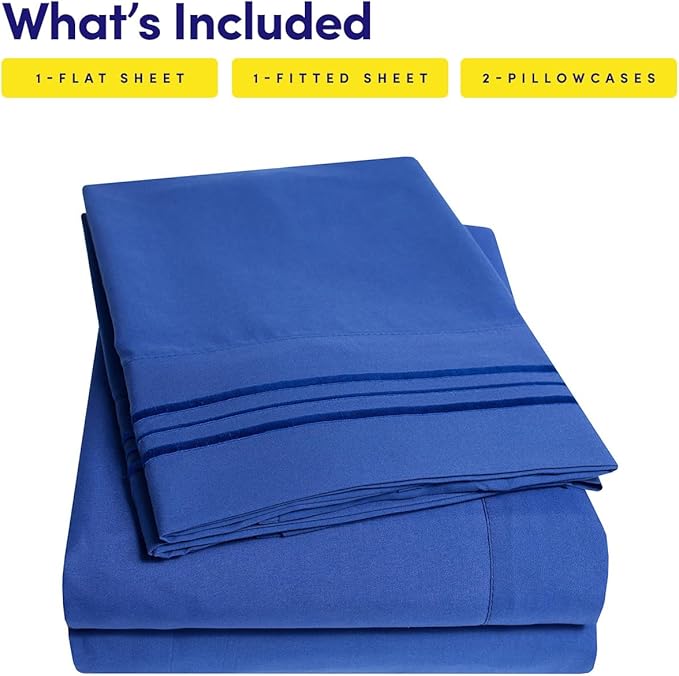 1500 Thread Count 3pc Bed Sheet Set Egyptian Quality Deep Pocket - Twin, Royal Blue