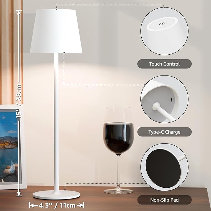 uuffoo 3 Pack Rechargeable Table Lamp Battery Operated Cordless Table Lamps with 3 Colors Stepless Dimming, Desk Night Light for Restaurant, Patio, Bedroom, Bar (White)