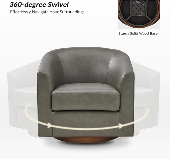 HULALA HOME Faux Leather Swivel Accent Chairs Set of 2 with Solid Wood Base, Round Swivel Barrel Chairs for Living Room and Bedroom, Grey