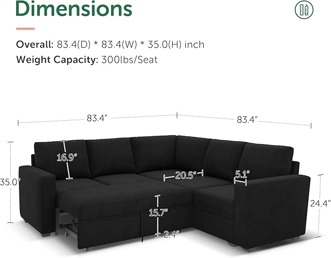 HONBAY Sectional Sleeper Sofa with Pull Out Bed, Velvet L Shaped Couch with Storage Seat, Modular Sectional Couches for Living Room, Black