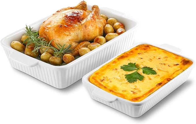 Ceramic Baking Dish Set (2-Piece) - 4.4QT & 1.8QT Rectangular Casserole Pans for Lasagna, Turkey, Cake - White Oven Safe Roaster Pans 13x9.5 & 12x7 Inch Dishwasher Safe