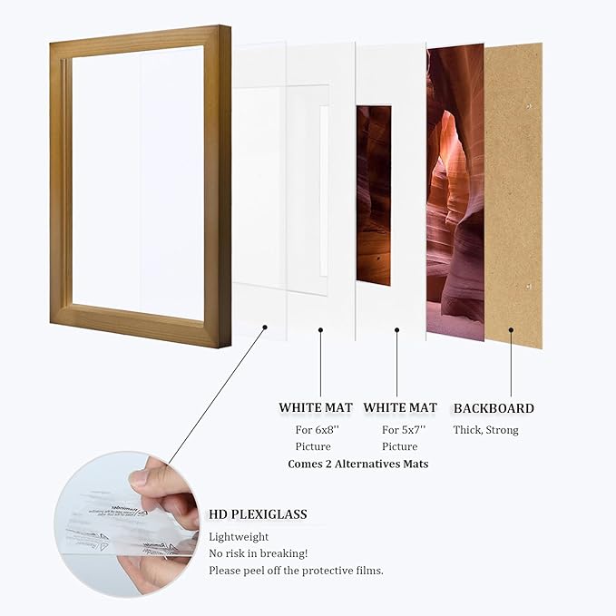 Egofine 9x12 Picture Frame Made of Solid Wood with Plexiglass, Display Pictures 5x7/6x8 with Mat or 9x12 without Mat, for Tabletop and Wall Mounting Photo Frame, Light Brown