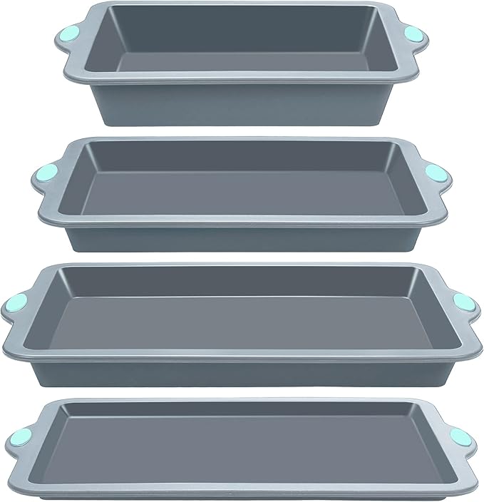 To encounter Silicone Baking Pans Set, 4 Pieces Nonstick Bakeware Set with Baking Pans, Baking Sheets, Cookie Sheets, Cake Pan with Metal Reinforced Frame More Strength, Light Grey