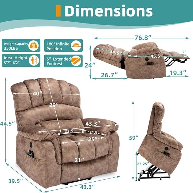 MEETWARM Large Dual Motor Power Lift Chair with Extended Footrest for Big Tall Elderly, Infinite Position Lay Flat Lift Electric Recliner, Heat Massage, Lumbar Pillow, USB & Type-C Ports, Plush Brown