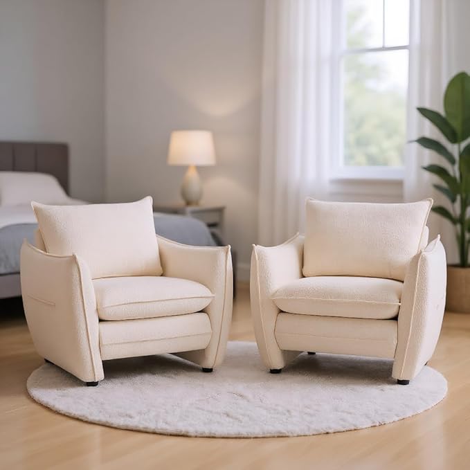 Oversized Accent Chair, Modern Single Sofa Cloud Chairs with Removable Pillow, Deep Seat Comfy Armchair for Living Room Bedroom Reading Nook - Upholstered Lounge Chair (Beige, Set of 2)