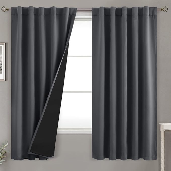 BGment 100% Grey Blackout Curtains for Bedroom 63 Inches Long, Double Layer Room Darkening Thermal Insulated Curtains with Liner Rod Pocket and Back Tab Panels(42 x 63 Inch, 2 Panels, Dark Grey)