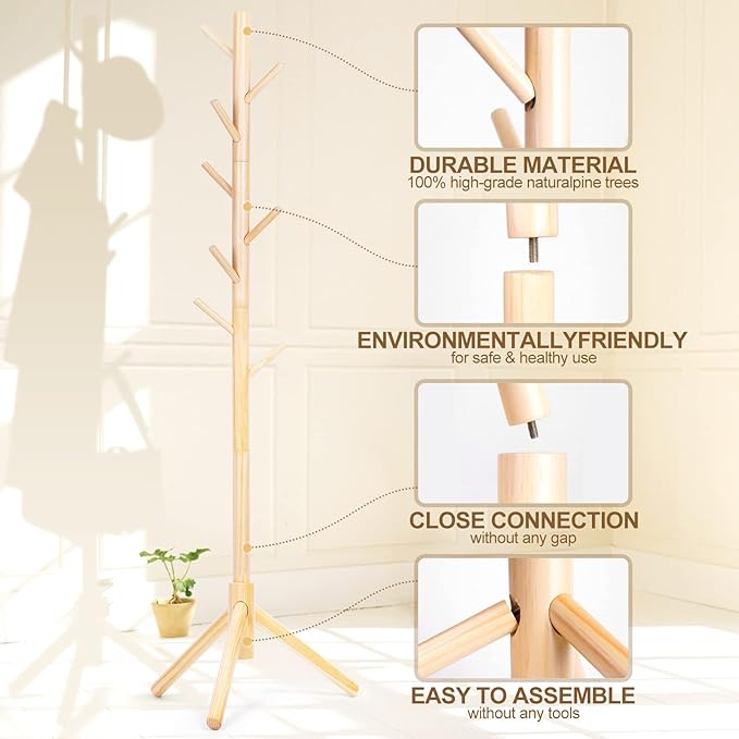 2PCS Solid Wooden Coat Rack Freestanding, New Zealand Pine Coat Tree with 8 Hooks & 3 Adjustable Sizes for Coats, Hats, Handbags and Scarves, Space Saving for Entryway/Office/Bedroom (Nature)