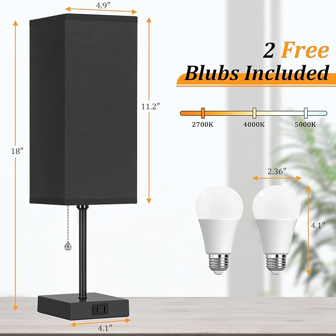 Table Lamp for Bedroom set of 2,3-Color Bedside Lamps with Pull Chain Table Lamps for Nightstand with AC Outlets,18'' Night Light Lamps with 2 Bulbs Lamps for Living Room Kids Office Decor（Black）