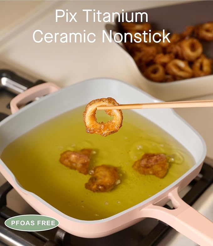 10.5 Inch(3.8QT) Ceramic Pan with Lid,Non Stick Frying Pans Cast Aluminum Deep Sauté Pans,Ti-Ceramic Non Toxic Pix Pan with Wooden Spatula and Scrubber-Desert Clay