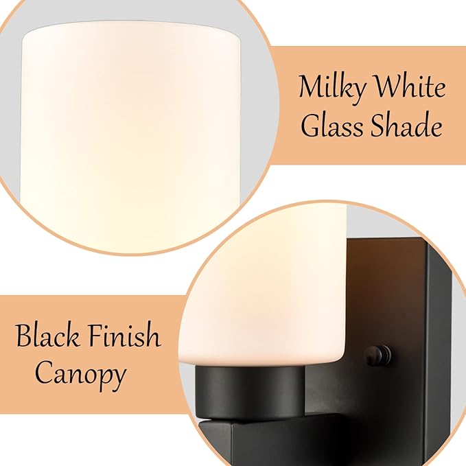 Bathroom Sconces Modern Black Wall Light Fixture Vanity Light Set of Two with Milky White Cylinder Glass Shade