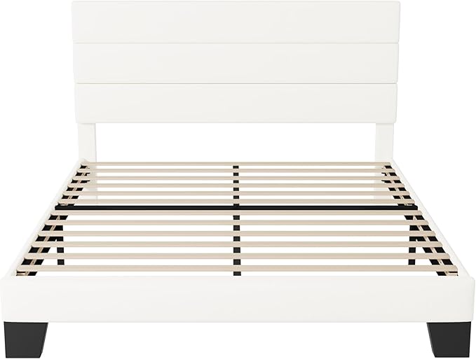 Allewie Full Size Platform Bed Frame with Velvet Upholstered Headboard and Wooden Slats Support, Fully Upholstered Mattress Foundation/No Box Spring Needed/Easy Assembly, White