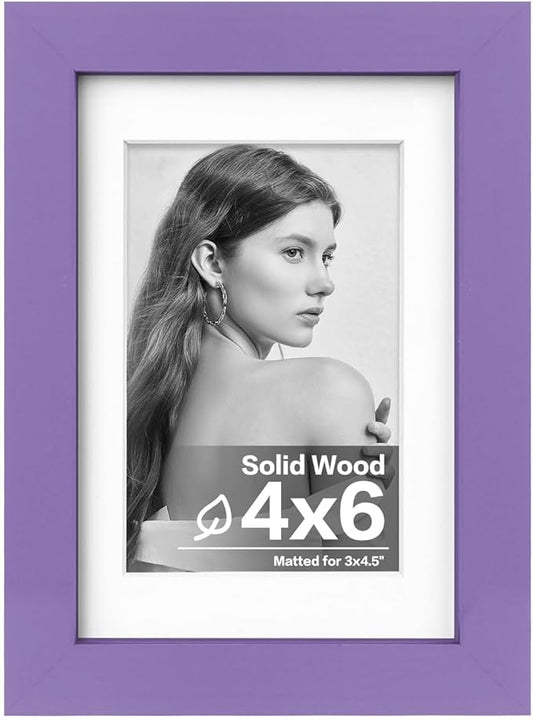 Egofine 4x6 Picture Frame Made of Solid Wood, Covered by Plexiglass Display Pictures 3.5x5 with Mat or 4x6 Without Mat for Table Top Display and Wall Mounting Photo Frame, Purple