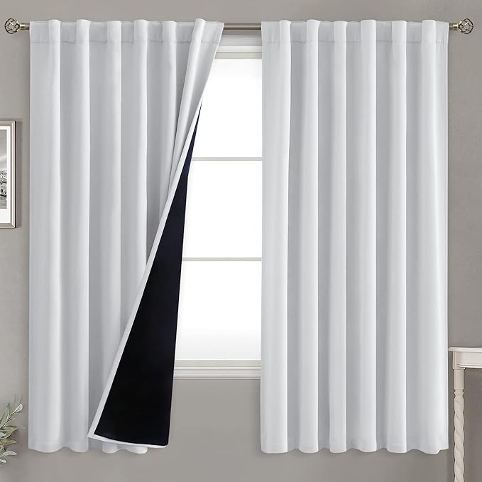 BGment Greyish White 100% Blackout Curtains 63 Inches Long with Noise-reducing Liner, Rod Pocket and Back Tab Double Layer Room Darkening Window Curtains for Bedroom, 2 Panels, Each 52 x 63 Inch