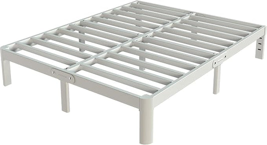 White Bed Frame Queen Size 12 Inch, Metal Queen Bed Frame No Box Spring Needed, Heavy Duty Steel Support 3500 LBS, DIY Headboard, Noiseless, Round Corner Legs, Storage Space, Easy Assembly