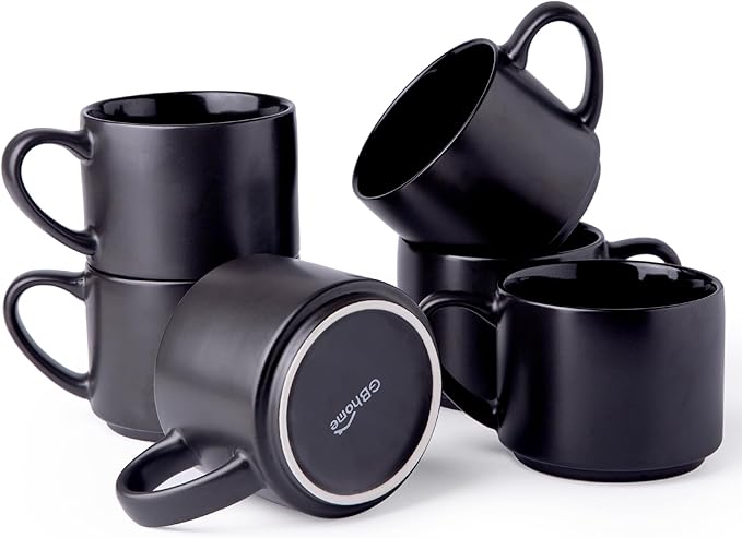 GBHOME 14 OZ Coffee Mugs Set of 6, Stackable Ceramic Mugs for Men, Women, Modern Coffee Cups With Stable Base for Latte, Tea, Cappuccino. Dishwasher & Microwave Safe, Matte Black