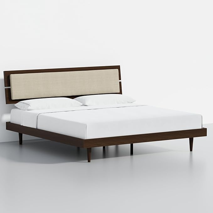 Modern Solid Wood Platform Bed with Adjustable Headboard with Cushion – No Box Spring Needed,Fast Assembly – King Size in Walnut