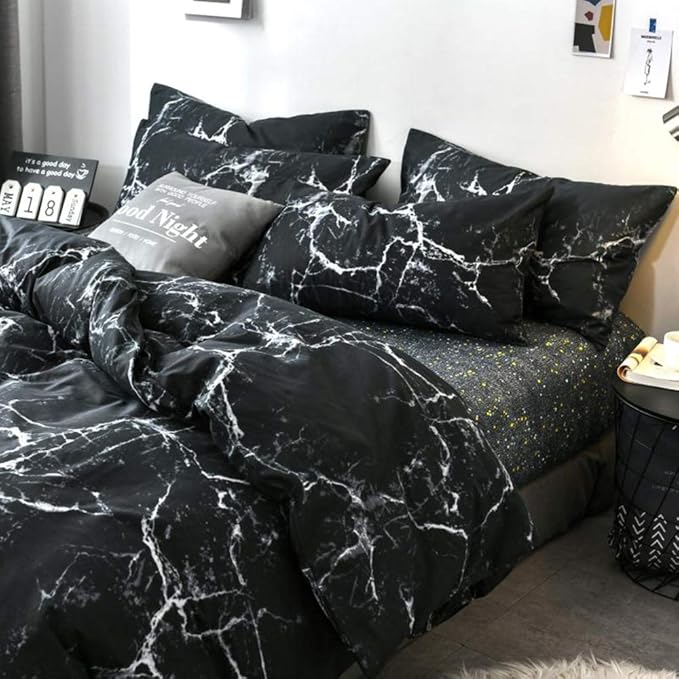 CLOTHKNOW Black White Grey Queen Comforter Set Marble Bedding Comforter Sets Abstract Comforter Queen Men Women Black Queen Size Comforter Sets