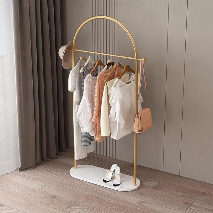Gold clothing rack with Marble base. metal clothes racks for hanging clothes,heavy duty garment rack,Freestanding Coat Rack with 2 Hooks,for Bedroom, Bathroom, Living Room easy to assemble
