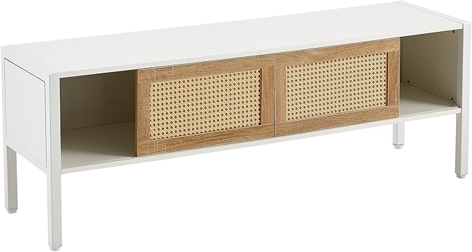 TV Stand, 54.33" TV Console for TVs up to 65 Inches, Mid Century Modern TV Stand Entertainment Center with Storage, with Rattan Door, Shelves & 2 Cabinets, 16 Color Light Strip, White