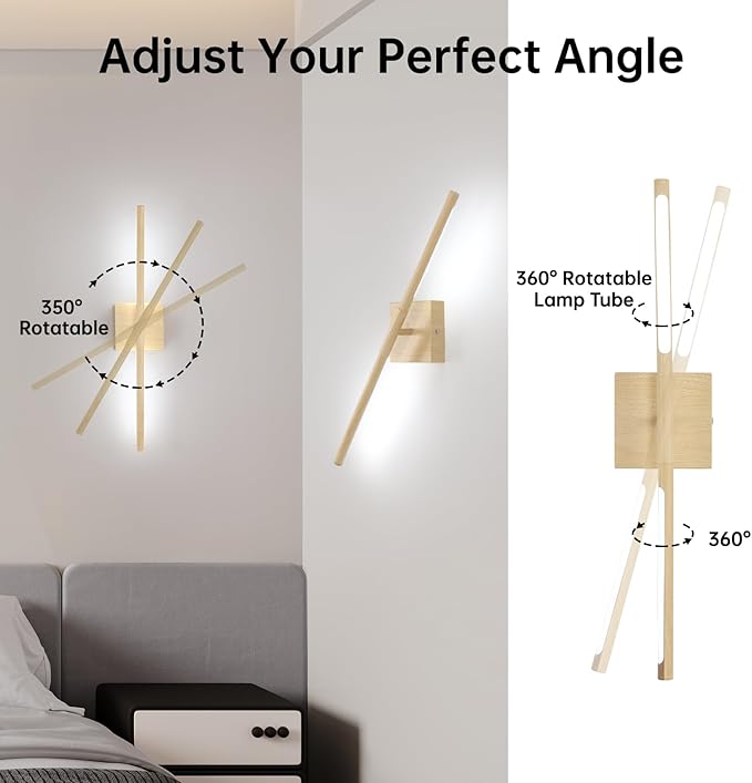 Battery Operated Wall Sconce Set of 2, 8000mAh Rechargeable Wall Sconces, 3000K-6000K Dimmable, 350°Rotate, Indoor Wall Lights for Bedroom Living Room, Original Wood, 23.6 Inch