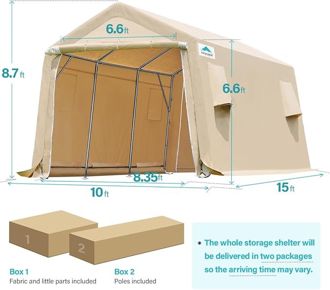 ADVANCE OUTDOOR 10X15 ft Garage Shelter Steel Metal Peak Roof Portable Storage Shed Carports for Motorcycle Boat, or Garden Tools with 2 Roll up Doors & Vents, Beige
