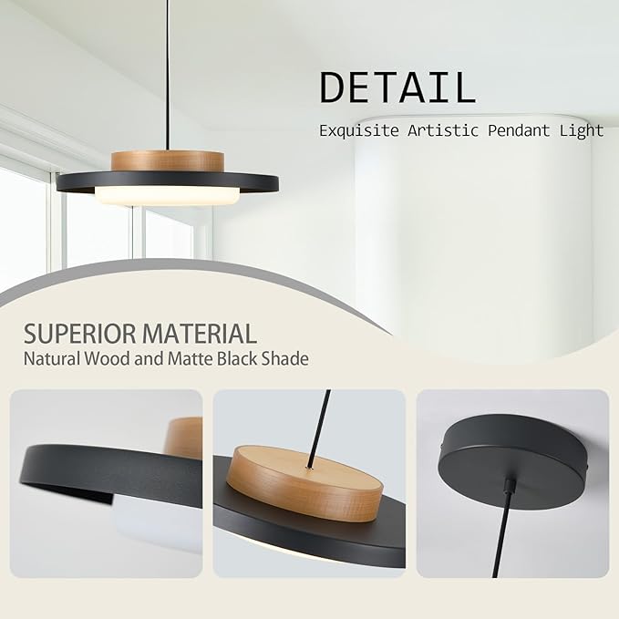 Dimmable Pendant Lights,15 inch,Natural Wood Cap,3000K/Warm White/22W,LED Pendant Light Fixtures for Kitchen, Dining Room, Living Room,Black