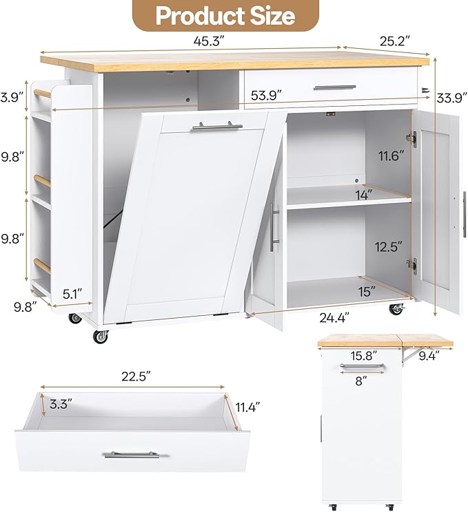 Kitchen Island with Storage & Drop Leaf- Rolling Island Cart with Wheels, Rubberwood Top, Trash Bin Cabinet & Towel Rack, White Farmhouse Style Island Table for Kitchen