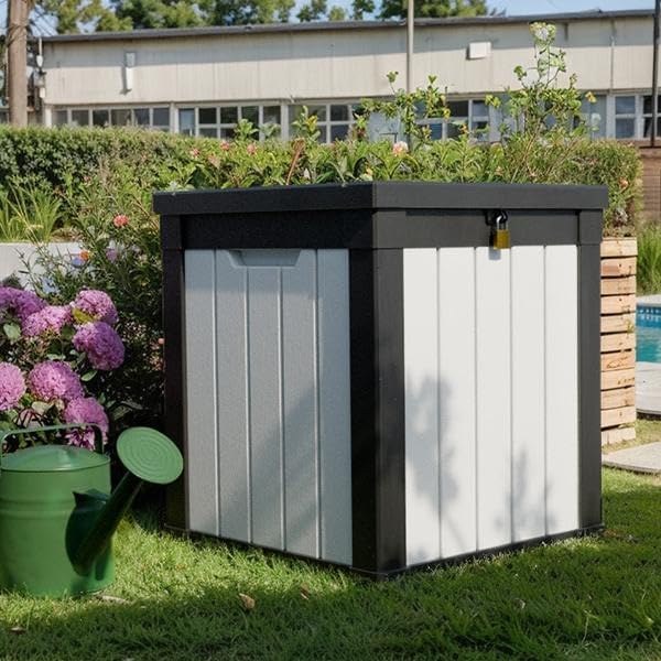 51-Gallon Outdoor Deck Box,Storage Lockable Waterproof Patio Furniture,Garden Tools,Cushions,Pool Accessories Outside Storage Resin Box(Black and White)