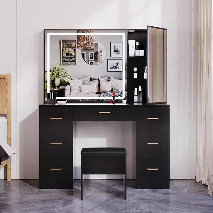 Vanity Desk with Mirror and Lights, Makeup Vanity Set with 7 Drawers & Cushioned Stool, Hidden Cabinet, Brightness Adjustable, Vanity Table for Bedroom, Dressing Room, Women,Black (Black)