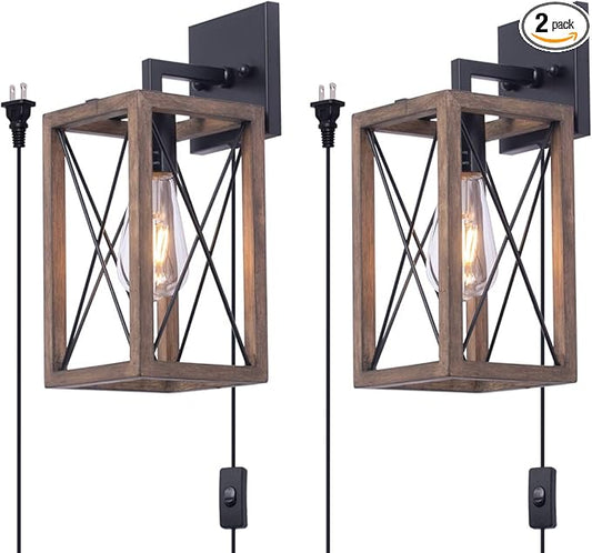 VILUXY Wood Wall Sconces Retro Industrial Rectangle Bedside Wall Sconce Plug-in Cord with Switch Lighting Fixture Black Wall Lamp for Bedroom, Hallway, Entryway, Passway, Dining Room 2 Pack