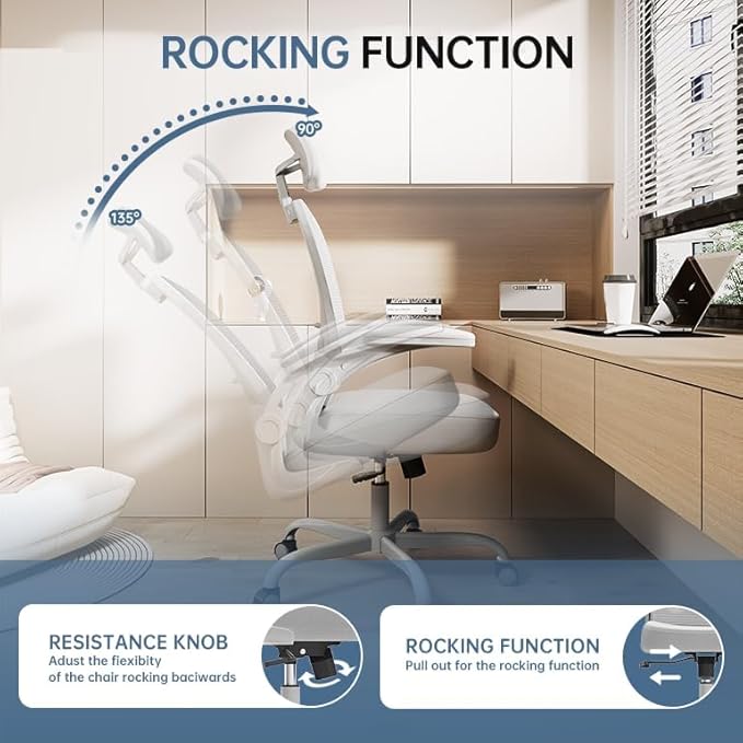 Office Chair Ergonomic Desk Chair, 330LBS Capacity, High Back Computer Chair for Long Hours Comfortable, Rolling Swivel Executive Task Chair for Home Office with Flip-up Armrests（Grey）