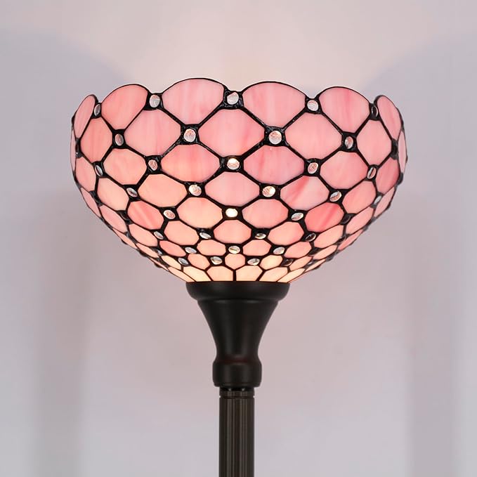 WERFACTORY Tiffany Floor Lamp Pink Stained Glass Pearl Bead Light 12X12X66 Inches Torchiere Standing Corner Torch Uplight Decor Bedroom Living Room Home Office S005P Series