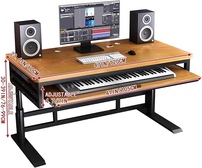 Studio Desk with Keyboard Tray | Hand-Crank Adjustable Standing Desk Workstation for Music Production, Cable Management, MIDI Keyboard Shelf (Natural, 62in)