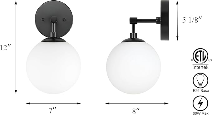 XiNBEi Lighting Wall Light 1 Light Vintage Wall Sconce with Globe Glass, Bathroom Vanity Light in Matte Black for Bathroom & Bedroom XB-W1211-MBK