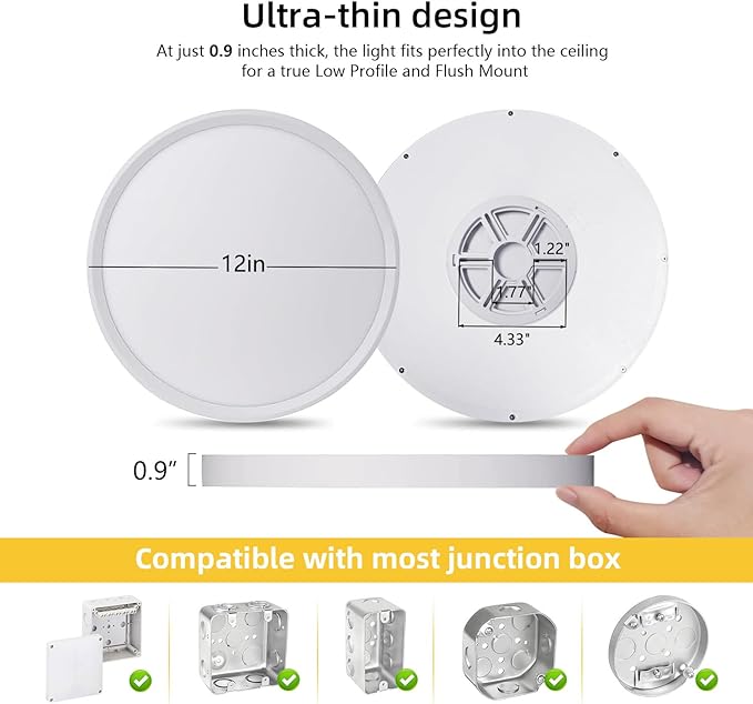 6 Pack 12 Inch Ultra-Slim Low Profile LED Ceiling Light, 3 Color Selectable Round Flat Ceiling Light for Room Hallway Bathroom, White