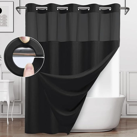 Extra Long No Hook Shower Curtain with Snap in Liner, Polyester Textured Shower Curtain with Liner Set, Waterproof Washable Hotel Style Shower Curtains for Bathroom, 71Wx86H, Black