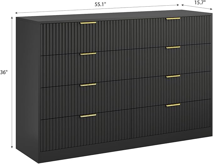 8 Drawer Dresser for Bedroom, Modern Fluted Double Dresser, 55" Wide Chest of Dressers, Wooden Beside Table for Closet, Living Room and Entryway, Black