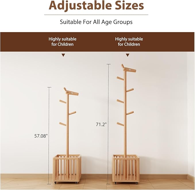 Coat tree freestanding heavy duty，Wooden coat rack freestanding for Entrance, Bedroom, Living room(Natural)