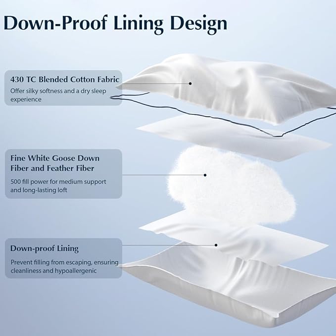 Pacific Coast Pillows Queen Size Set of 2, Goose Down Fiber Bed Pillows for Sleeping, Hotel Pillows, Downproof, Medium, White