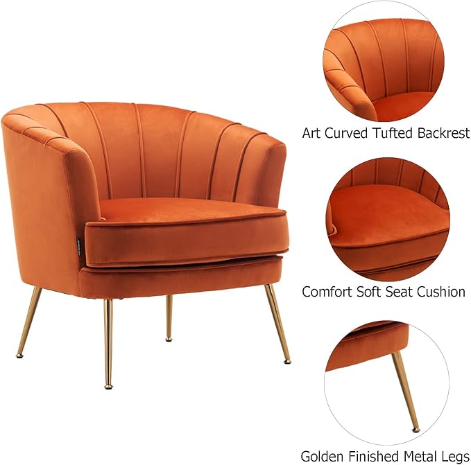 Velvet Barrel Accent Chair Comfy Club Armchair Modern Lounge Reading Chair with Gold Legs for Living Room/Bedroom, Caramel