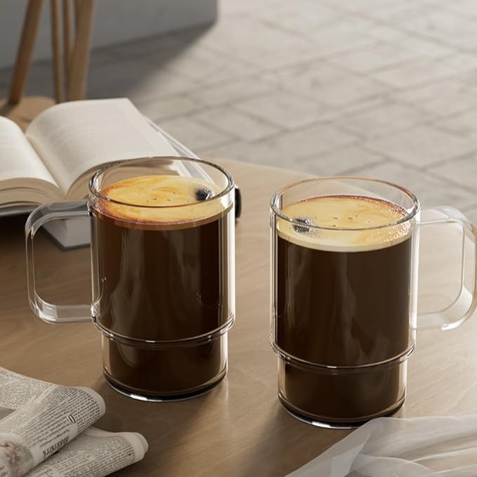 Aquach 22oz Stackable Glass Mugs with Handle, Set of 2 - Large Clear Coffee Cups for Latte, Cappuccino, Mocha, Americano, and Tea