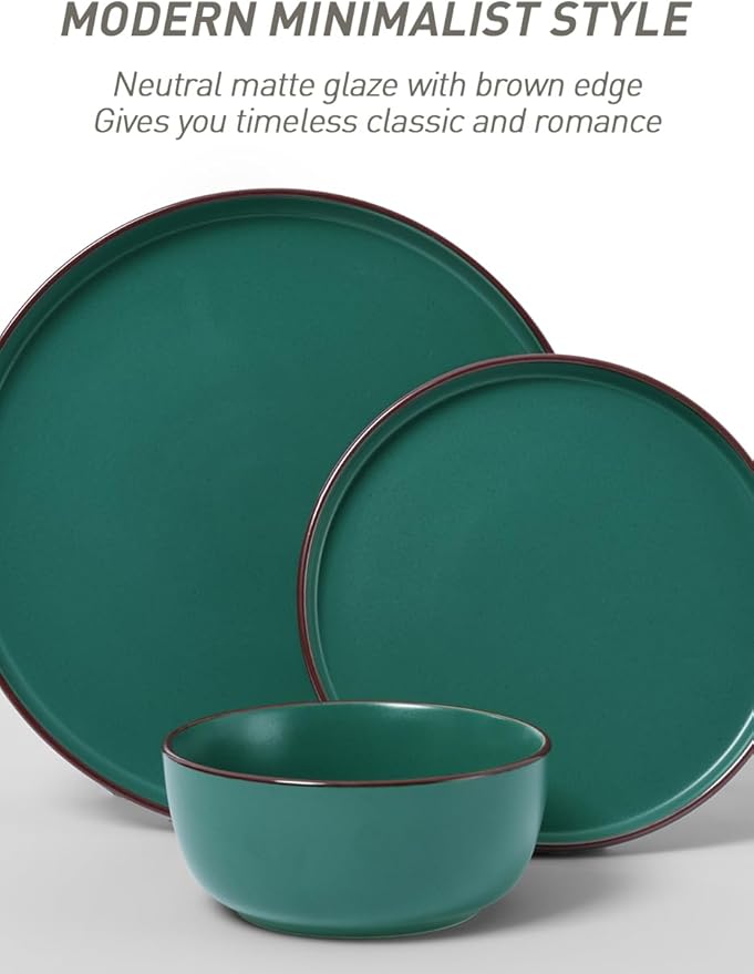 Famiware Mercury Plates and Bowls Sets, 18 Pieces Stoneware Dinnerware Sets, Dishes Set for 6, Microwave and Dishwasher Safe, Dark Green