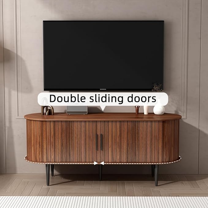 47" Mid-Century Modern TV Stand with Sliding Door & Storage | Walnut Media Console for Living Room | Gaming Entertainment Center Cabinet for Bedroom/Office (47")