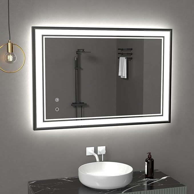 28" x 36" LED Bathroom Mirror with Lights Black Framed LED Mirror for Bathroom Lighted Bathroom Mirror Backlit and Front Black Aluminum Frame Anti-Fog Dimmable Vanity Smart Memory