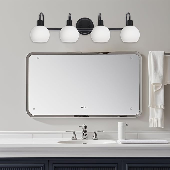 4-Light Vanity Light Fixtures, Black Bathroom Lighting Fixtures with Milk White Globe Glass Shade, Wall Mounted Lamp for Kitchen Over Mirror Bath Living Room