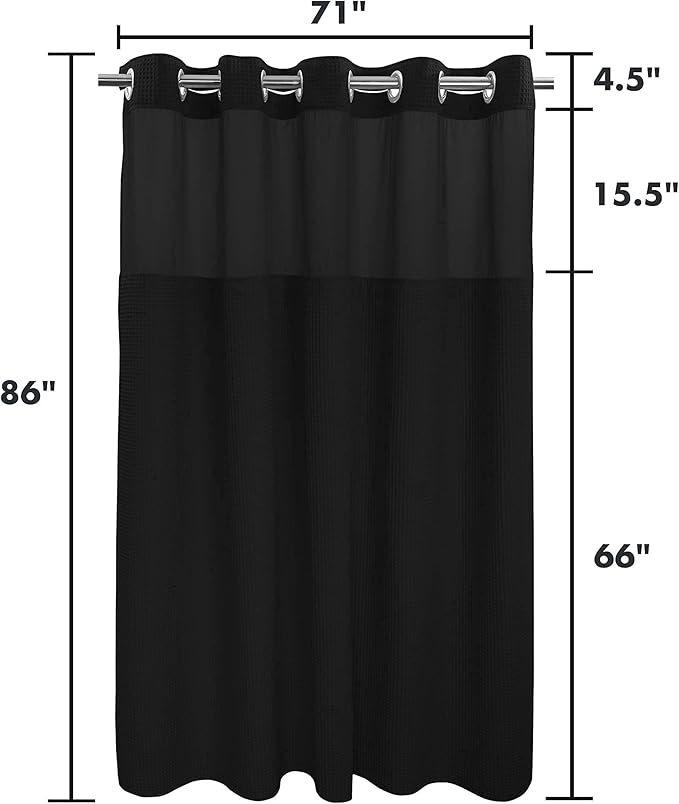 River Dream Black Fabric Shower Curtain Set, Cotton Blend, Waffle Weave, with Snap in Replacement Liner，71 x 86 inches