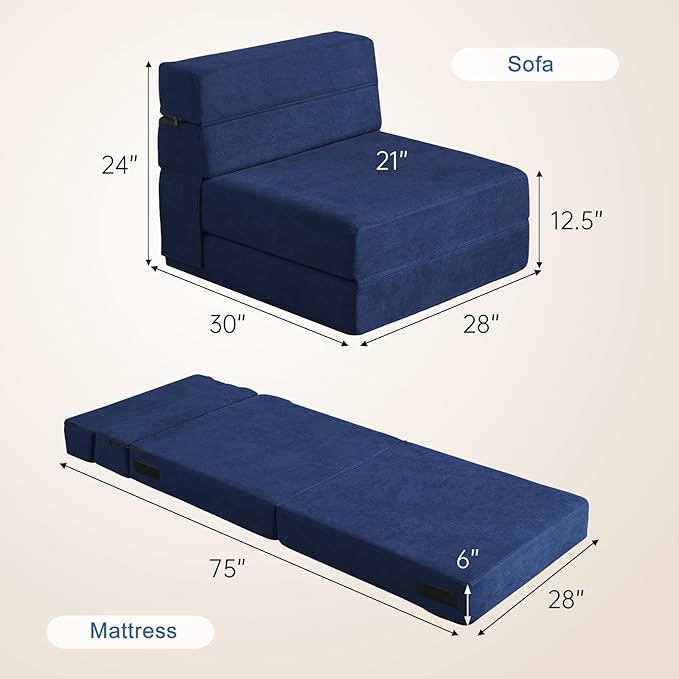 Folding Sofa Bed with Pillow Memory Foam Convertible Sleeper Chair Bed Couch Futon Lazy for Living Room/Home Office/Guest Beds/Apartment/Upstairs Loft,Single Size,Dark Blue