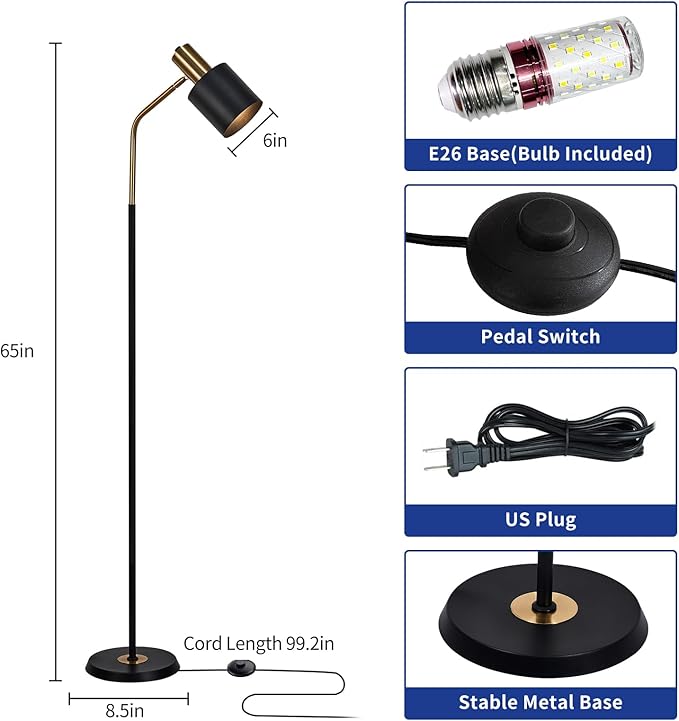 O'NEELDY Modern Industrial Floor Lamp 65" Black Standing Lamp, Black and Gold with 360° Adjustable Lampshade, 12W E26 Bulb Included, Floor Lamp for Living Room, Bedroom, Office